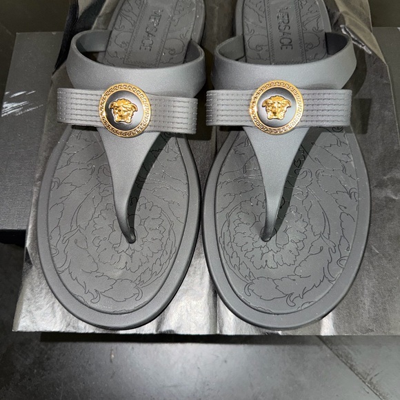 Versace Shoes - Versace black Medusa Thong Sandals with Gold Emblem